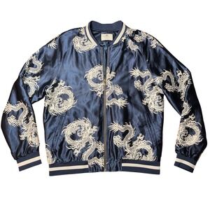 Standard Issue Navy Blue Satin Dragon Embroidered Bomber Jacket Medium